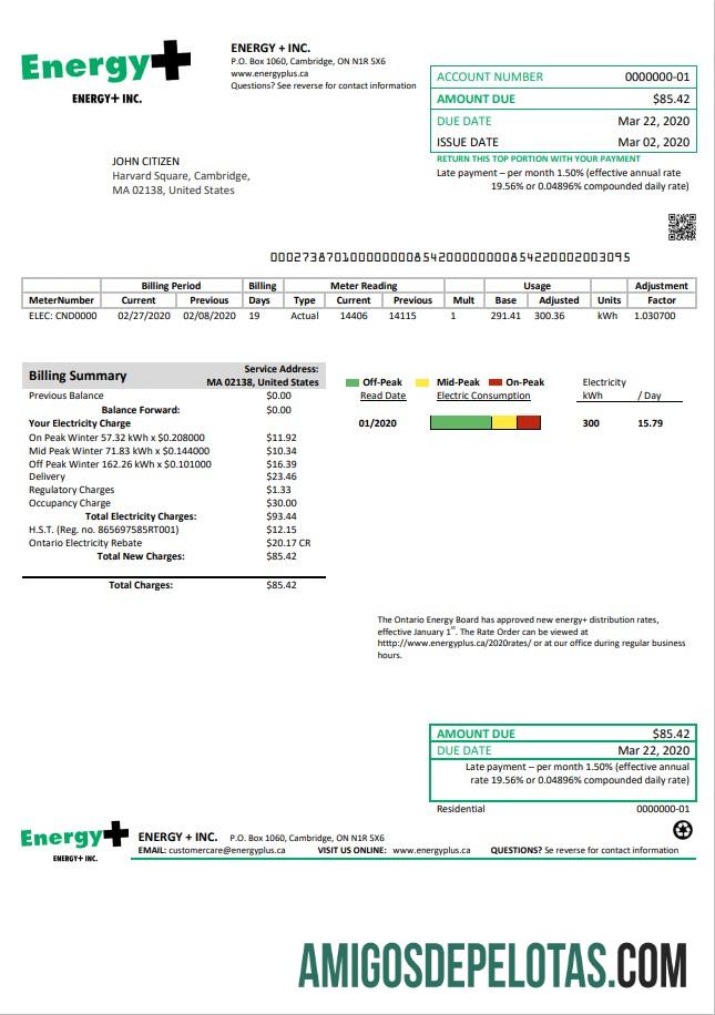 Em branco modelo de conta de serviços públicos de eletricidade dos EUA Massachusetts Energy Plus em formato Word e PDF